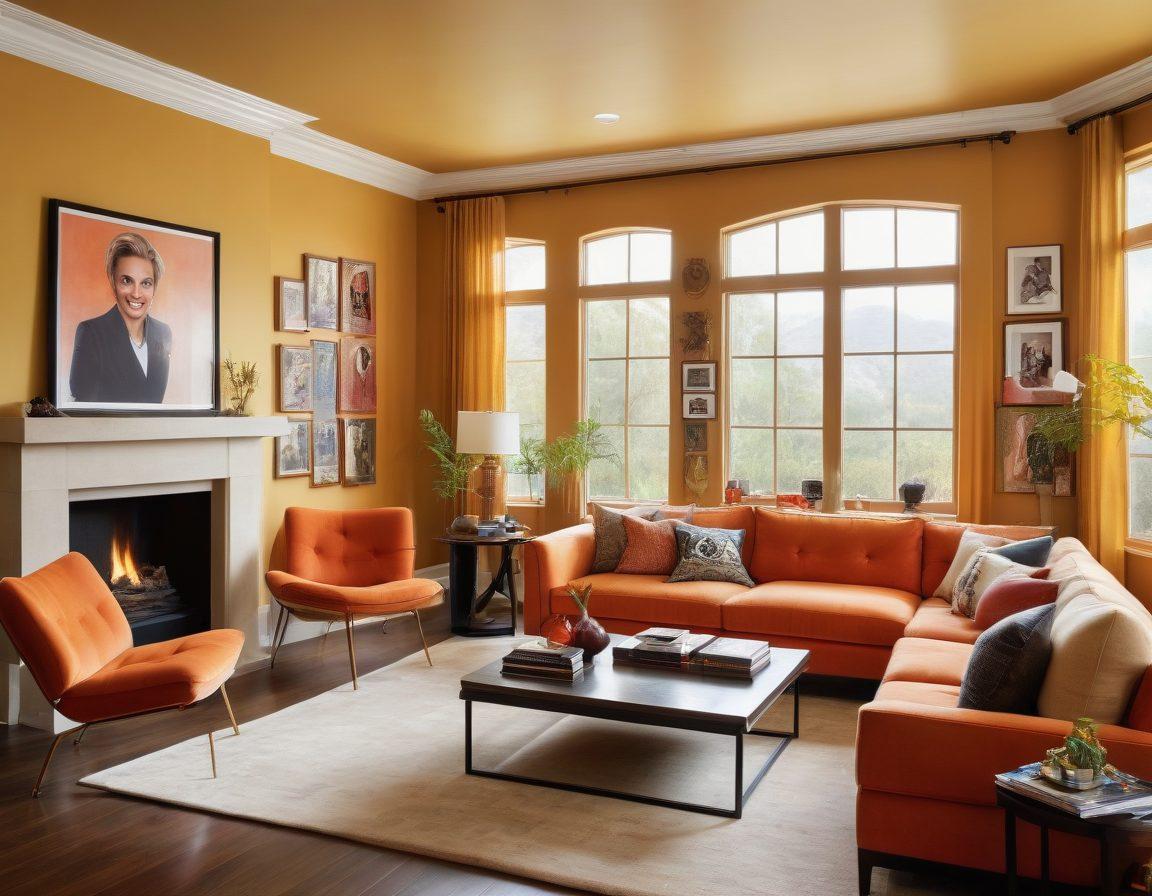 A vibrant home interior featuring a stylish living room with celebrity memorabilia on the walls, including framed photos and awards. A television displaying live social media feeds of celebrity news adds a modern touch. Incorporate a cozy sofa where a family enjoys watching these influences unfold, blending the world of Hollywood with everyday life. Bright and lively colors enhance the atmosphere, with natural light streaming through the windows. super-realistic. vibrant colors. warm tones.