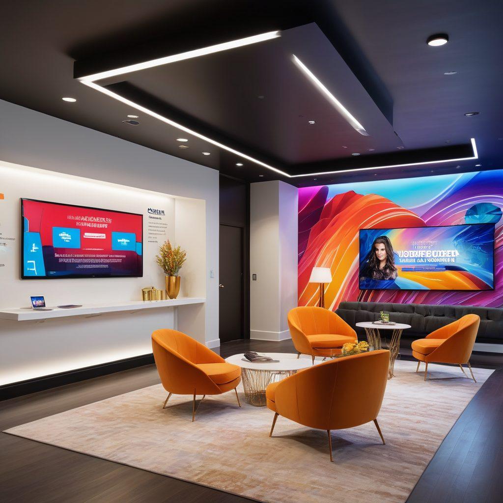 A luxurious digital insurance office filled with sleek, modern furniture, large screens displaying colorful celebrity endorsements, and a vivid infographic showcasing insurance coverage options. In the background, a mural featuring iconic celebrities with quotes about insurance. Bright lighting and a glossy finish to evoke a glamorous atmosphere. super-realistic. vibrant colors. 3D.