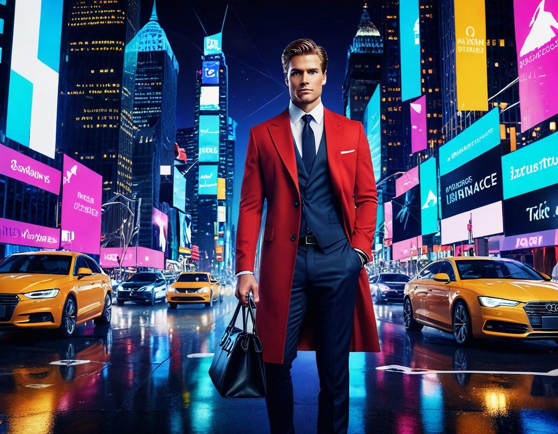 A visually striking image illustrating the crossroads between fame and finance, featuring a celebrity standing confidently with a digital insurance policy in hand, superimposed with floating financial graphs and icons of digital technology. The background showcases a blend of glamorous city lights and modern financial elements like stock ticker symbols. Add a surreal touch with juxtaposed high-fashion elements and digital interfaces. vibrant colors. 3D.